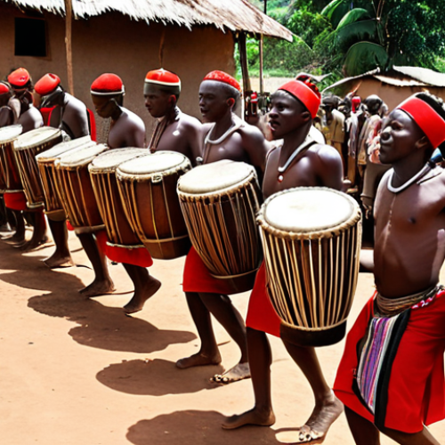 Home 14 A powerful and authentic scene of Burundian men intensely playing the majestic Karyenda drums. The drummers are clad in traditional attire, their movements synchronized and full of raw energy, with sweat glistening on their skin. The drums, central to the image, resonate deeply, conveying power and unity. The setting is a vibrant, sun-drenched African village, capturing the essence of a profound cultural ritual. Dynamic lighting, high detail, photo-realistic.