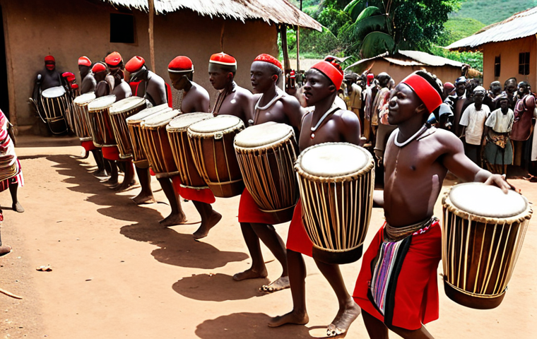 A powerful and authentic scene of Burundian men intensely playing the majestic Karyenda drums. The drummers are clad in traditional attire, their movements synchronized and full of raw energy, with sweat glistening on their skin. The drums, central to the image, resonate deeply, conveying power and unity. The setting is a vibrant, sun-drenched African village, capturing the essence of a profound cultural ritual. Dynamic lighting, high detail, photo-realistic.